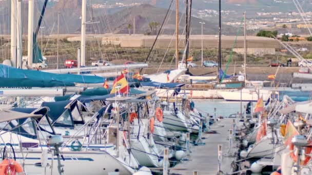 Marina på havet. Lyxjakter förtöjda i viken. Solnedgången eller gryningen, solstrålarna lyser vackert upp båtarna. Berg och väg i bakgrunden. Las Galletas, Teneriffa, Kanarieöarna — Stockvideo