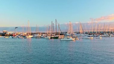 Marina okyanusta. Körfeze demirlemiş lüks yatlar. Gün batımı ya da şafak, güneş ışınları güzel bir şekilde tekneleri aydınlatıyor. Las Galletas, Tenerife, Kanarya Adaları