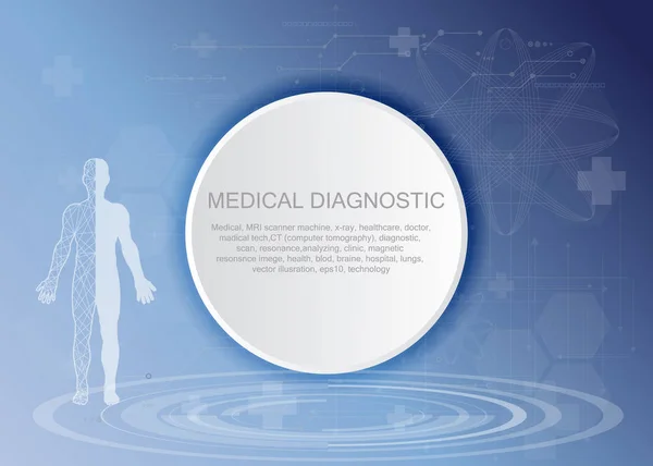 Cuidados de saúde do corpo humano, com ícones médicos, órgãos, gráficos, diagramas e espaço de cópia. Diagnóstico médico . — Vetor de Stock