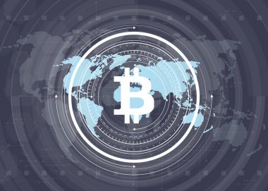 Soyut bitcoin Kripto Döviz Alım blockchain teknoloji genel dünya haritası üzerinde. Vektör çizim.
