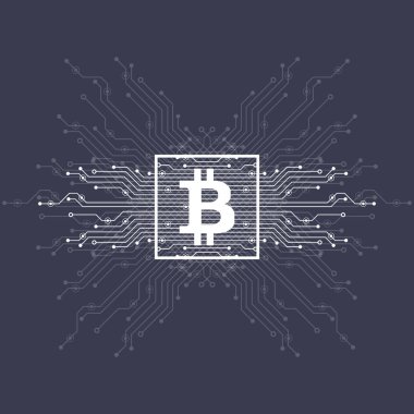 Soyut bitcoin Kripto Döviz Alım blockchain teknoloji genel dünya haritası üzerinde. Vektör çizim.