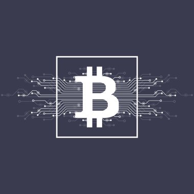 Soyut bitcoin Kripto Döviz Alım blockchain teknoloji genel dünya haritası üzerinde. Vektör çizim.