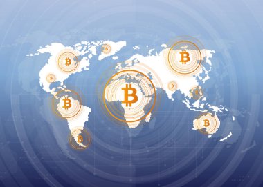 Soyut bitcoin Kripto Döviz Alım blockchain teknoloji genel dünya haritası üzerinde. Vektör çizim.