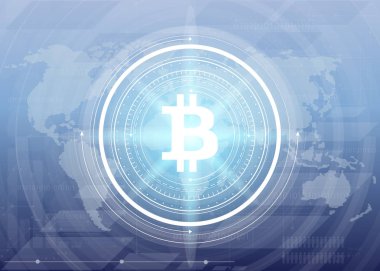 Soyut bitcoin Kripto Döviz Alım blockchain teknoloji genel dünya haritası üzerinde. Vektör çizim.
