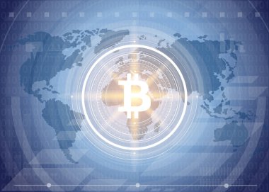 Soyut bitcoin Kripto Döviz Alım blockchain teknoloji genel dünya haritası üzerinde. Vektör çizim.