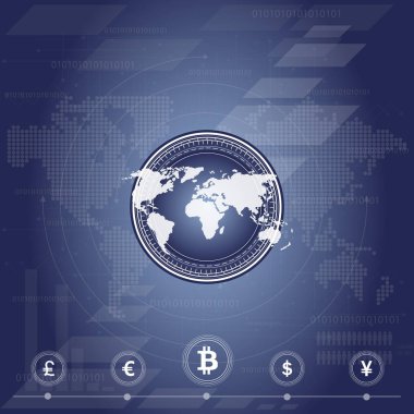 Soyut bitcoin Kripto Döviz Alım blockchain teknoloji genel dünya haritası üzerinde. Vektör çizim.