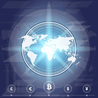 Soyut bitcoin Kripto Döviz Alım blockchain teknoloji genel dünya haritası üzerinde. Vektör çizim.
