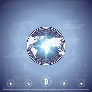 Soyut bitcoin Kripto Döviz Alım blockchain teknoloji genel dünya haritası üzerinde. Vektör çizim.