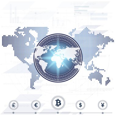 Soyut bitcoin Kripto Döviz Alım blockchain teknoloji genel dünya haritası üzerinde. Vektör çizim.