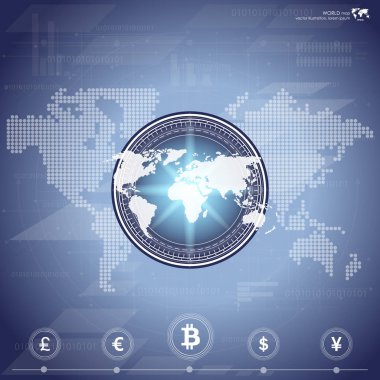 Soyut bitcoin Kripto Döviz Alım blockchain teknoloji genel dünya haritası üzerinde. Vektör çizim.