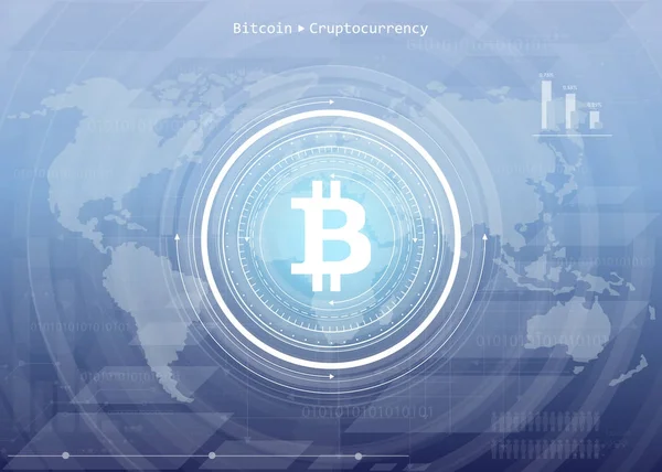 Resumen Bitcoin Criptomoneda Tecnología Blockchain Mapa Mundial Global Ilustración Vectorial — Vector de stock