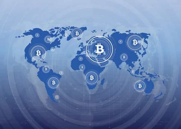 Resumen Bitcoin Criptomoneda Tecnología Blockchain Mapa Mundial Global Ilustración Vectorial — Vector de stock