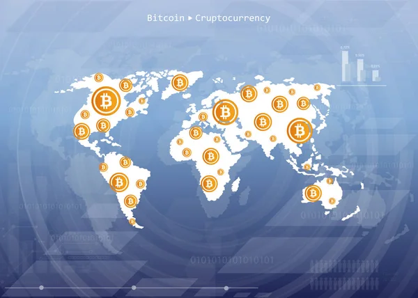 世界地図 Bitcoin 暗号通貨 Blockchain 技術を抽象化します ベクトル図 — ストックベクタ