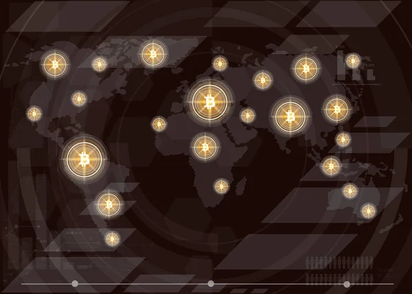 Tecnologia Blockchain Moeda Criptomoeda Abstrato Bitcoin Mapa Mundial Global Ilustração — Vetor de Stock