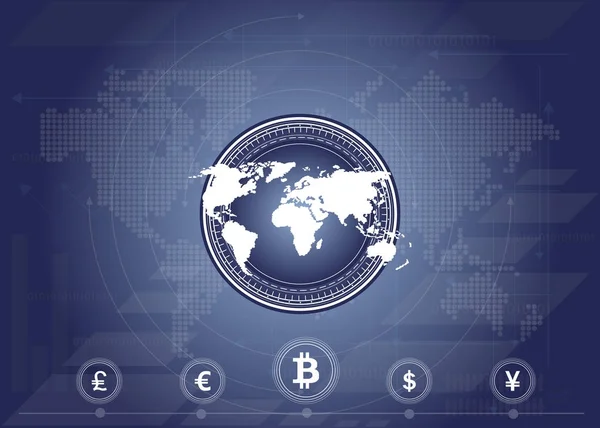 Soyut bitcoin Kripto Döviz Alım blockchain teknoloji genel dünya haritası üzerinde. Vektör çizim.
