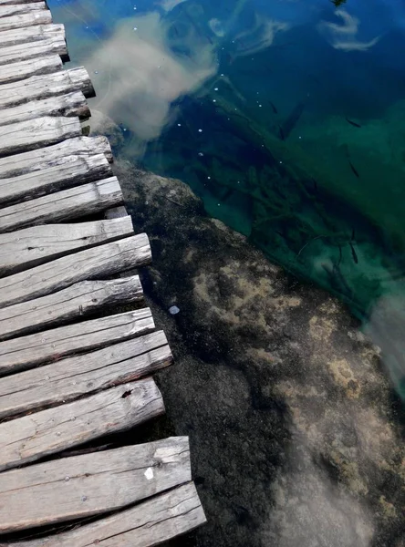 Yol derin saf temiz su Hırvatistan Plitvice Gölleri Milli Parkı, yukarıda — Stok fotoğraf