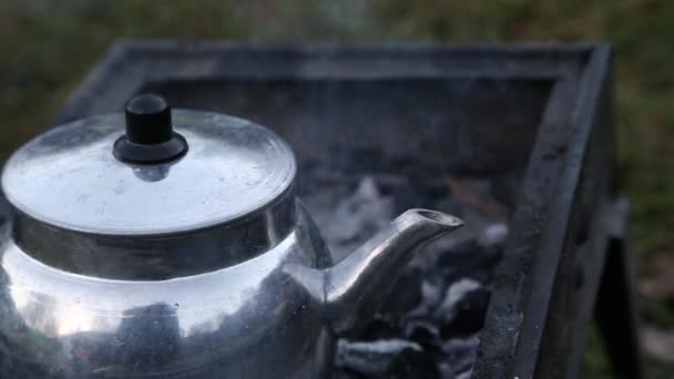 Grill und Teekanne auf Kohle — Stockvideo