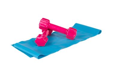 Lastik bant beyaz üzerine pembe Dumbbell sağlıklı kavramı