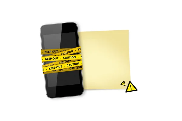 Siyah akıllı telefon, teyp ve sarı yapışkan kağıt uzak tutun — Stok fotoğraf