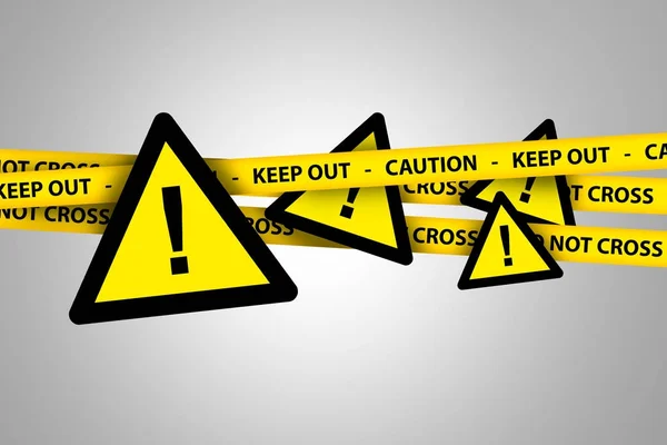 Трикутник Жовтий знак попередження з попереджувальною стрічкою — стокове фото