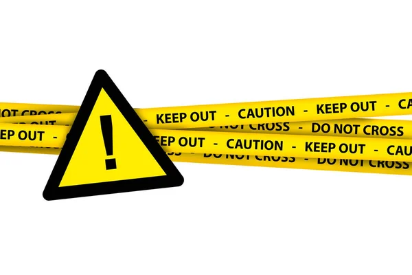 Τρίγωνο κίτρινο σημάδι με προσοχή ταινία προειδοποίησης — Φωτογραφία Αρχείου