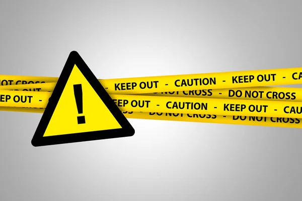 Triangel gul varningsskylt med försiktighet tejp — Stockfoto