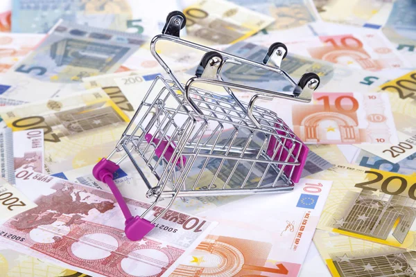Alışveriş sepeti kavramı tüketen ile euro banknot