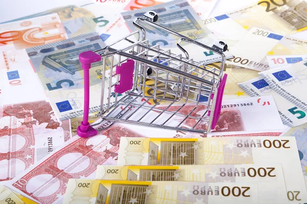 Alışveriş sepeti kavramı tüketen ile euro banknot