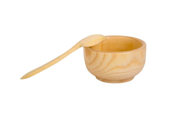 Piatto ciotola di legno con cucchiaio all'interno su bianco — Foto Stock