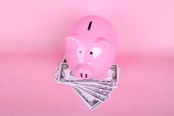 Piggy Bank on Soft Pink Background with USD Banknotes — Stock Photo, Image
