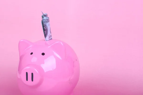 Piggy Bank sobre fondo rosa suave con billetes en USD — Foto de Stock