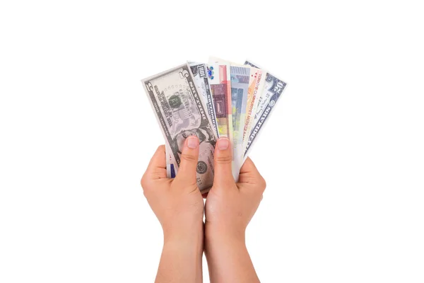 Hand Holding Money to Reach on White — Stock Photo, Image