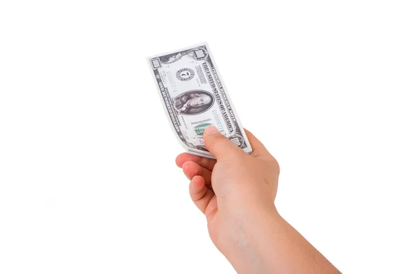 Hand Holding Money to Reach on White — Stock Photo, Image