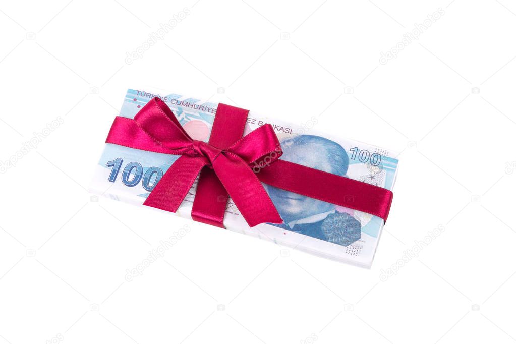 Stack of Turkish Lira Banknotes with Ribbon as Gift