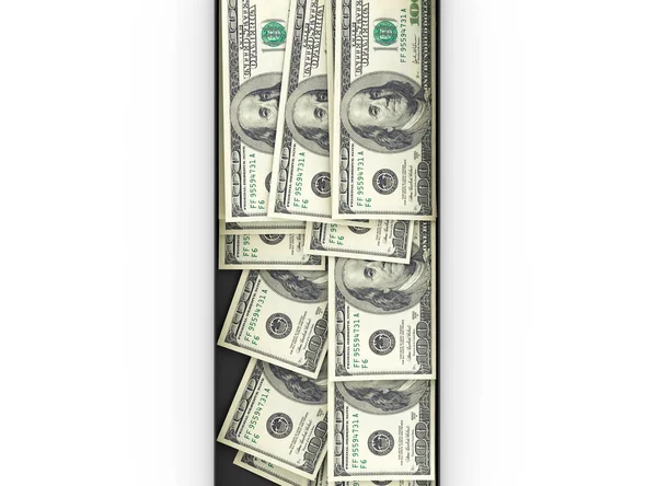 Pilha de notas de dólar na caixa — Fotografia de Stock
