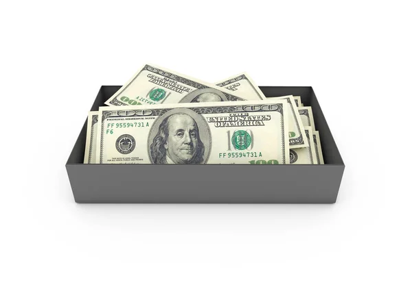 Pilha de notas de dólar na caixa — Fotografia de Stock