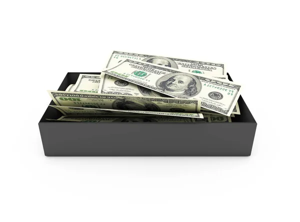 Pila de billetes de dólar en caja — Foto de Stock