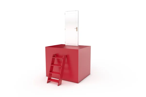 Концепция лестницы в коробку с дверью на белом — стоковое фото