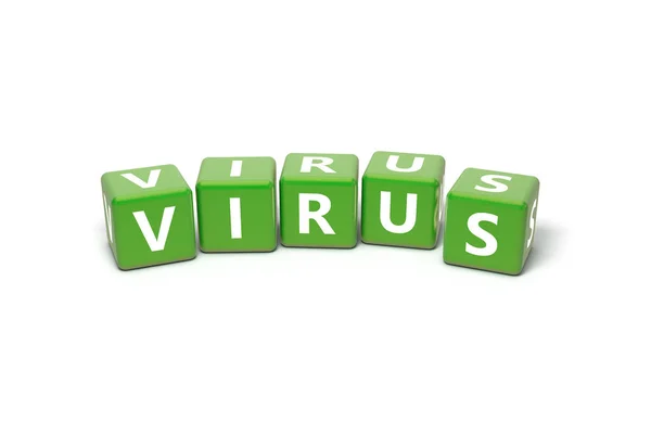 Texto de vírus de renderização 3D em caixas quadradas verdes — Fotografia de Stock