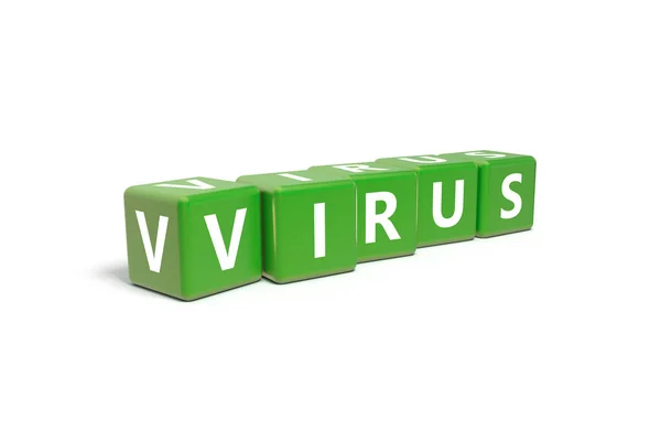 3D рендеринг вируса Текст на зеленых квадратах — стоковое фото