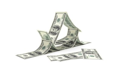 3D görüntüleme, 100 dolarlık banknotlardan oluşan bir grup. Üçgen ev görünümlü, beyaz arka planda izole edilmiş..