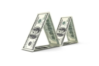 3D görüntüleme, 100 dolarlık banknotlardan oluşan bir grup. Üçgen ev görünümlü, beyaz arka planda izole edilmiş..