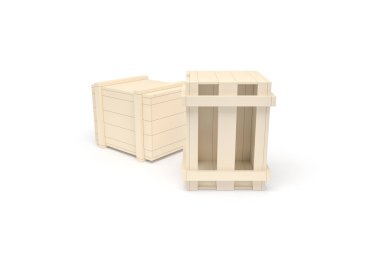 Beyaz arkaplanda izole edilmiş 3 boyutlu ahşap sandık..