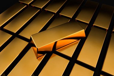 3D görüntüleme, finans konsepti, bir yığın gerçekçi altın külçesi, beyaz arka planda izole edilmiş..