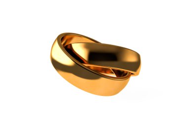 3D görüntüleme, iki gerçekçi çiftin yakın görüntüsü altın alyans, beyaz arka planda izole..