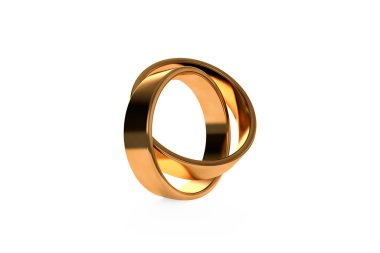 3D görüntüleme, iki gerçekçi çiftin yakın görüntüsü altın alyans, beyaz arka planda izole..