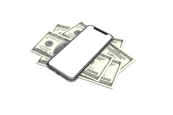 3Dレンダリング 100ドル紙幣に空白の画面テンプレートと新世代のフルスクリーンスマートフォンのイメージをモックアップし 白い背景に隔離 — ストック写真