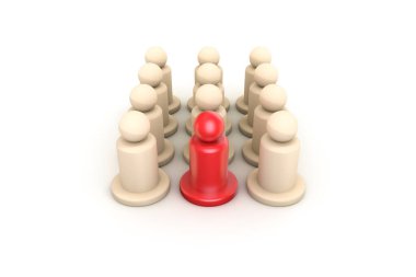 3D görüntüleme, liderlik konsepti, kalabalıktan kırmızı parça, beyaz arka planda izole edilmiş..