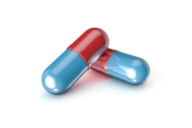 3D görüntüleme, ilaç konsepti, antibiyotik kapsül hapı ve tablet, beyaz arka planda izole edilmiş..