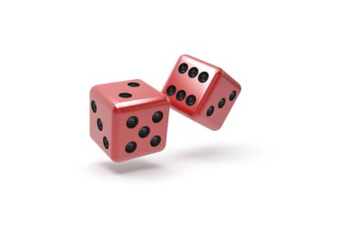 3D tasarım, kumar ve kumarhane konsepti, gerçekçi zarlara yakından bakma, beyaz arka planda izole edilmiş..